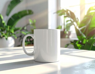 White mug on table, bathed in sunlight, blurred plant backdrop