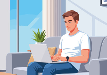 Fototapeta premium Man working on a laptop at home while sitting on the sofa. Flat design character graphic. Remote work and freelance concept