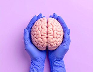 Gloved hands gently hold a brain model on a soft purple backdrop