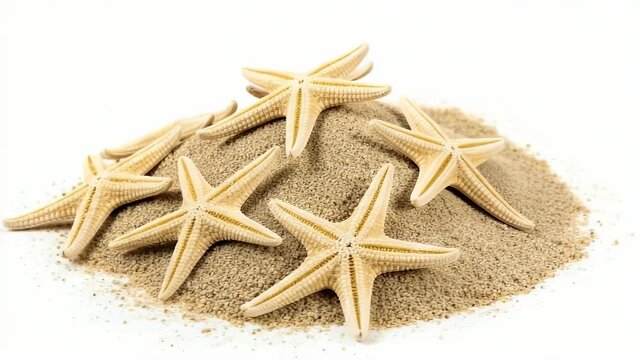 A serene and pristine studio shot featuring several natural, dried starfish delicately arranged on a small mound of fine, light-colored sand. The crisp white background provides a clean, minimalist ae