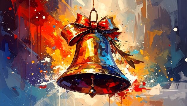 A festive golden bell with a red bow hangs against a vibrant, colorful, and abstract splashy background