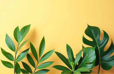 stylized tropical arrangement featuring exotic plants soft pastel yellow background delicate leaf