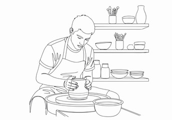 A man making pottery on a wheel in a workshop. Continuous single line art drawing of a craftsman. Handmade craft and creative hobby concept