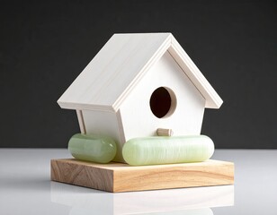 Small wooden birdhouse with stones on base