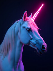 stylized white unicorn face deep dramatic black backdrop illuminated vibrant pink electric blue neon