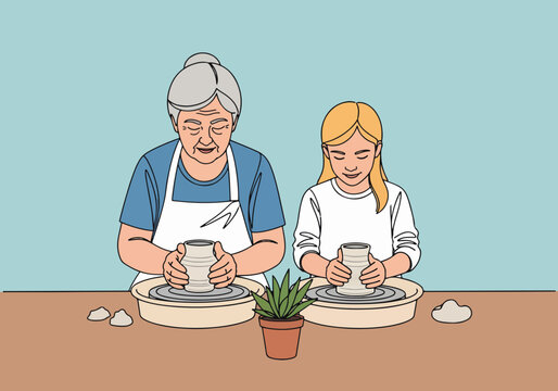 Grandmother and granddaughter at a pottery making class. Creative family bonding over a shared craft hobby. Flat design line art