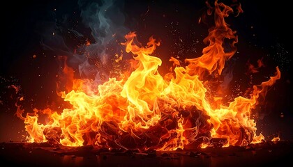 A vivid, intense fire blazing against a dark backdrop with swirling smoke and embers floating in the air
