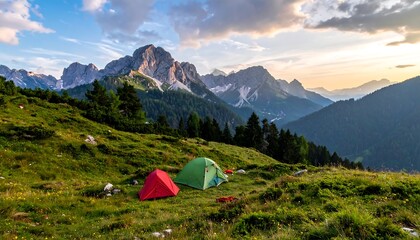 Camping tents sit on a grassy hill, with layered mountains and a bright sky in the background