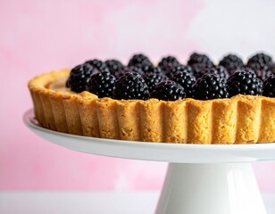 Blackberry tart on a white cake stand, pink background