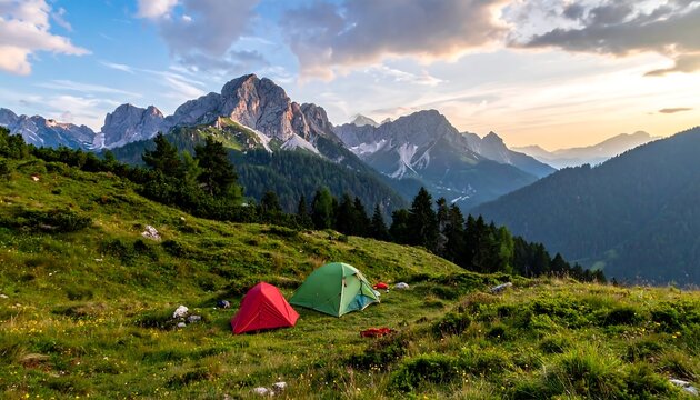 Camping tents sit on a grassy hill, with layered mountains and a bright sky in the background