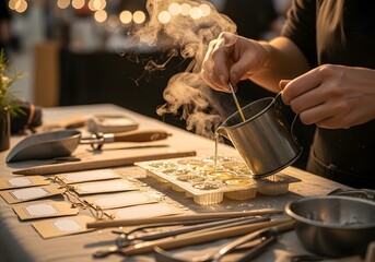 Closeup of a person pouring melted wax into candle molds at a workshop