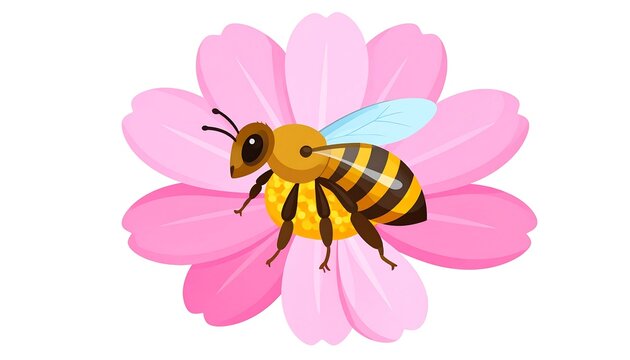 Cartoon bee sits on a pink flower with large petals against a white background in a cartoon-like style - Powered by Adobe