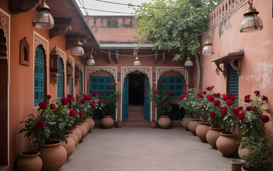 Rustic Indian Haveli Courtyard with Red Roses and Terracotta Decor Backdrop