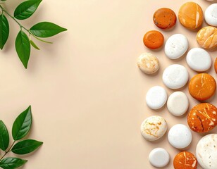 Smooth rocks & leafy sprigs arranged on a tan surface