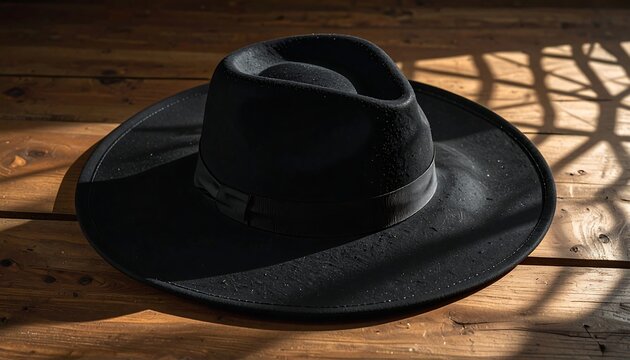 Black hat on aged wooden surface with soft light and shadows cast nearby from a windowpane or lattice