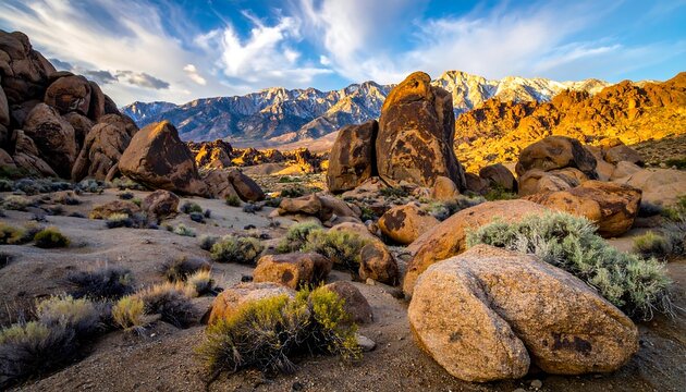 A scenic desert landscape featuring rocks and mountains under a vibrant, partly cloudy sky at golden hour - Powered by Adobe