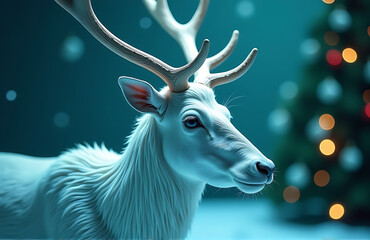 majestic white reindeer head illuminated soft neon hues set minimalist christmas backdrop
