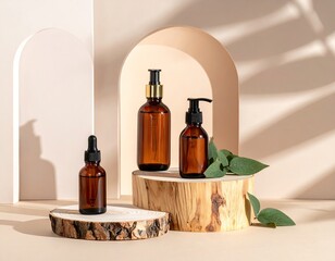 Amber bottles on wood slices, arched background