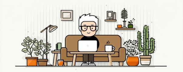 Cartoon illustration of an elderly man working on a laptop on a sofa at home with plants and coffee