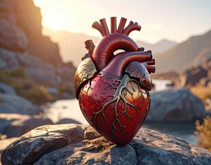 Anatomical heart sits on a rock near a mountain river