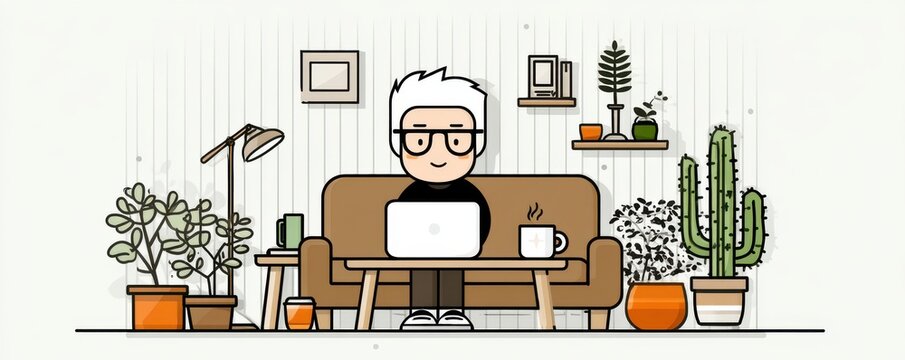 Cartoon illustration of an elderly man working on a laptop on a sofa at home with plants and coffee