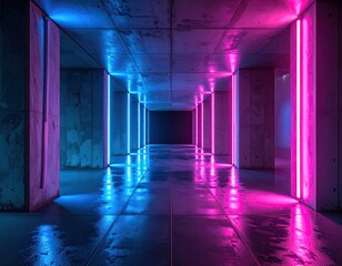 Neon lights frame a concrete tunnel, glossy tiled floor