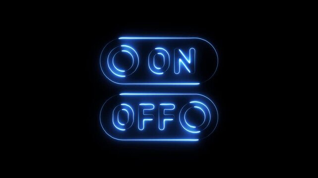 Glowing blue neon O N O F toggle switch buttons animated on black background digital interface element for power