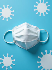 disposable respiratory mask resting bright blue background subtle texture illuminated soft diffused light