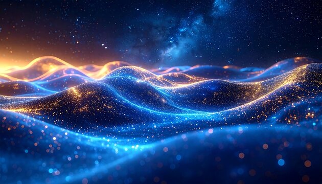 Abstract waves of blue and gold lights against a starry sky, conveying a sense of energy and movement - Powered by Adobe