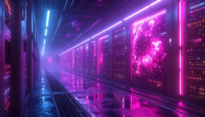 A server room corridor is lit by neon-blue and pink lights with a wet floor and equipment racks