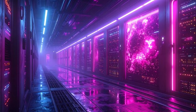 A server room corridor is lit by neon-blue and pink lights with a wet floor and equipment racks