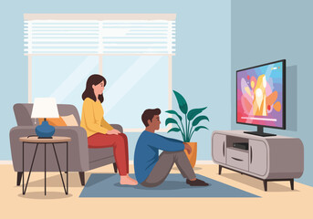 Fototapeta premium A couple watching tv together in a modern home living room. People relaxing and enjoying leisure time. Flat design graphic