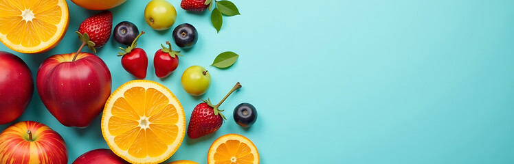 flat lay variety colorful forest fruits soft pastel blue background capturing warmth vibrancy summer