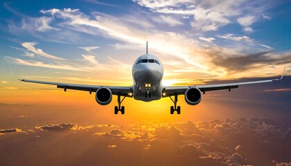 Airplane flying toward the viewer silhouetted against a vibrant sunset sky filled with clouds and sun rays