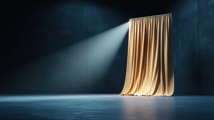 Spotlight illuminates closed golden curtains, building suspense.