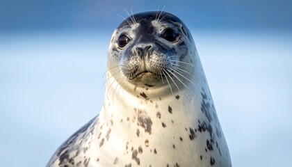A close-up portrait shows a harbor seal gazing directly at the viewer with a neutral expression. Its fur is speckled