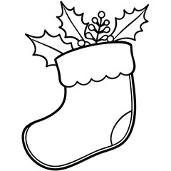 Outline of a christmas stocking with holly leaves on transparent background