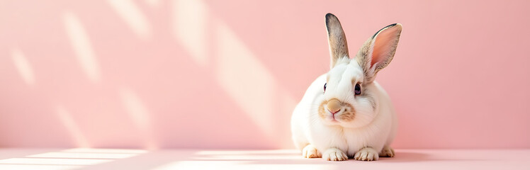 bunny adorable oversized ears sit atop soft pastel pink backdrop surrounded ample creative copy space warm