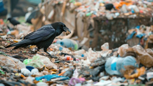 A black crow stands on a pile of garbage, surrounded by plastic waste and debris. The scene highlights environmental pollution and waste management issues.