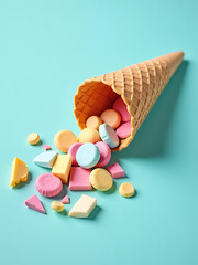 broken ice cream cone lies isolated soft pastel blue surface colorful fragments spilling