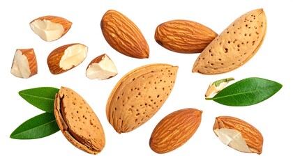 An overhead shot of almonds, whole and broken, scattered with green leaves across a white background