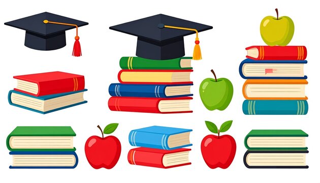 Collection of colorful books stacked with graduation hats and apples