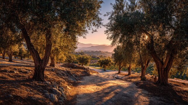 Gnarled olive trees at dusk in a sunlit countryside scene - Powered by Adobe