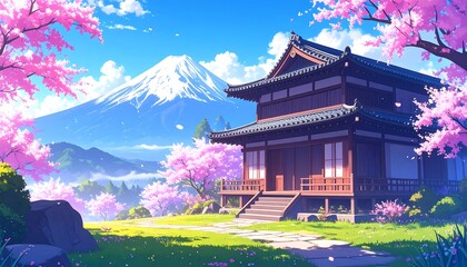 Anime-style landscape with traditional Japanese house, cherry blossoms, and snow-capped mountain in the background