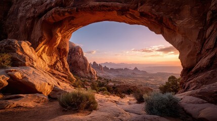 Golden hour arch formation amid red canyon walls