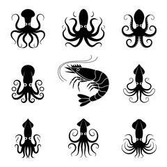 Marine life silhouette collection: A stylized array of sea creatures, including octopuses, shrimp and squid, offers a glimpse into the diverse world of ocean life, each rendered with simple elegance.