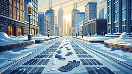 Detailed view of shoe prints pressed into icy snow on a city walkway, with soft blurred traffic and buildings forming a calm winter backdrop