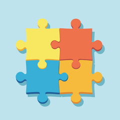 Obraz premium Four piece jigsaw puzzle graphic. Teamwork, collaboration, and solution concept. Simple flat design with colorful pieces