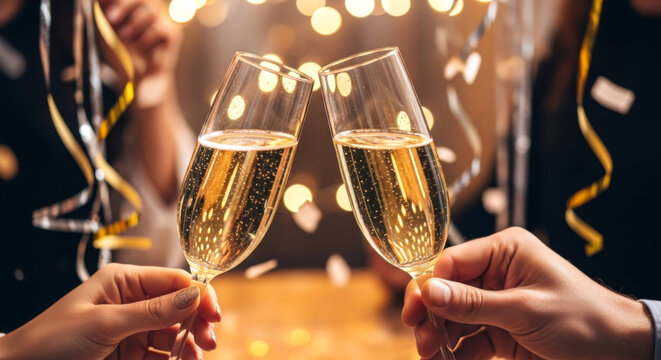 Hands toasting with champagne flutes at a festive party, surrounded by sparkling bokeh lights and confetti.