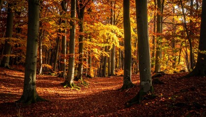 Autumn's forest path. Sunlight dapples leaves in golden hues on a trail in a forest with tall straight trees